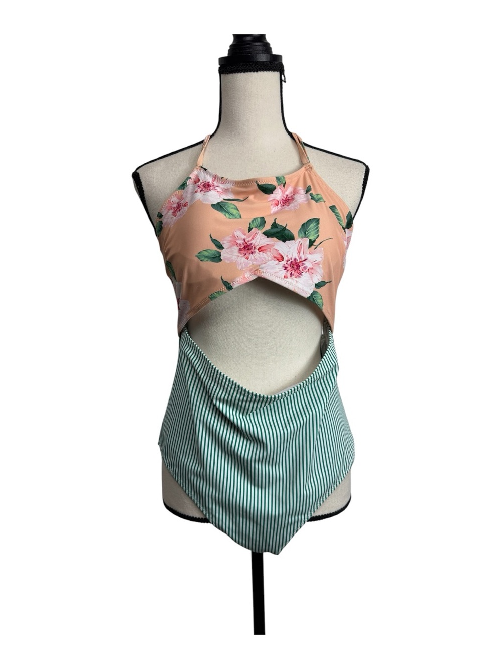 Cupshe Peach Floral & Mint Stripe Cutout One-Piece Swimsuit XL